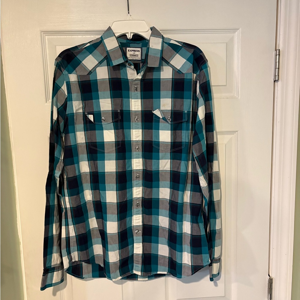 Express Men's Teal and Black Checkered Shirt
